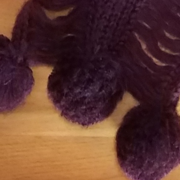 Dark Eggplant Purple Knit Scarf with Poms - Picture 4 of 6